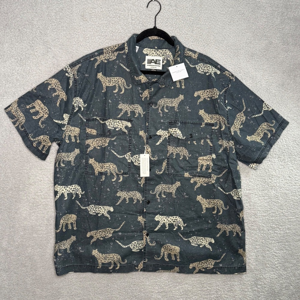 American Eagle Men XXL Leopard Print Short Sleeve Button Up Shirt Stretch Gray